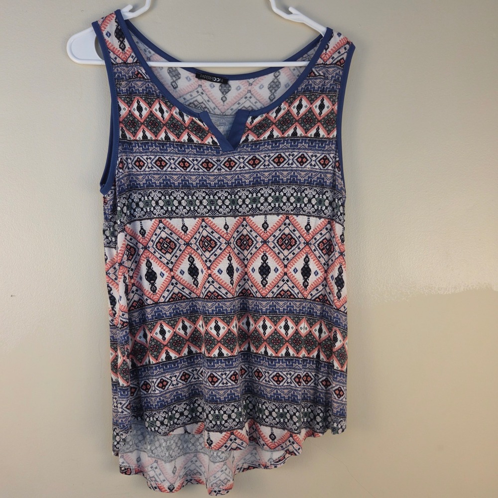 Papermoon Womens Geometric Aztec Tribal Print Split Neck Tank Top Blue Orange M